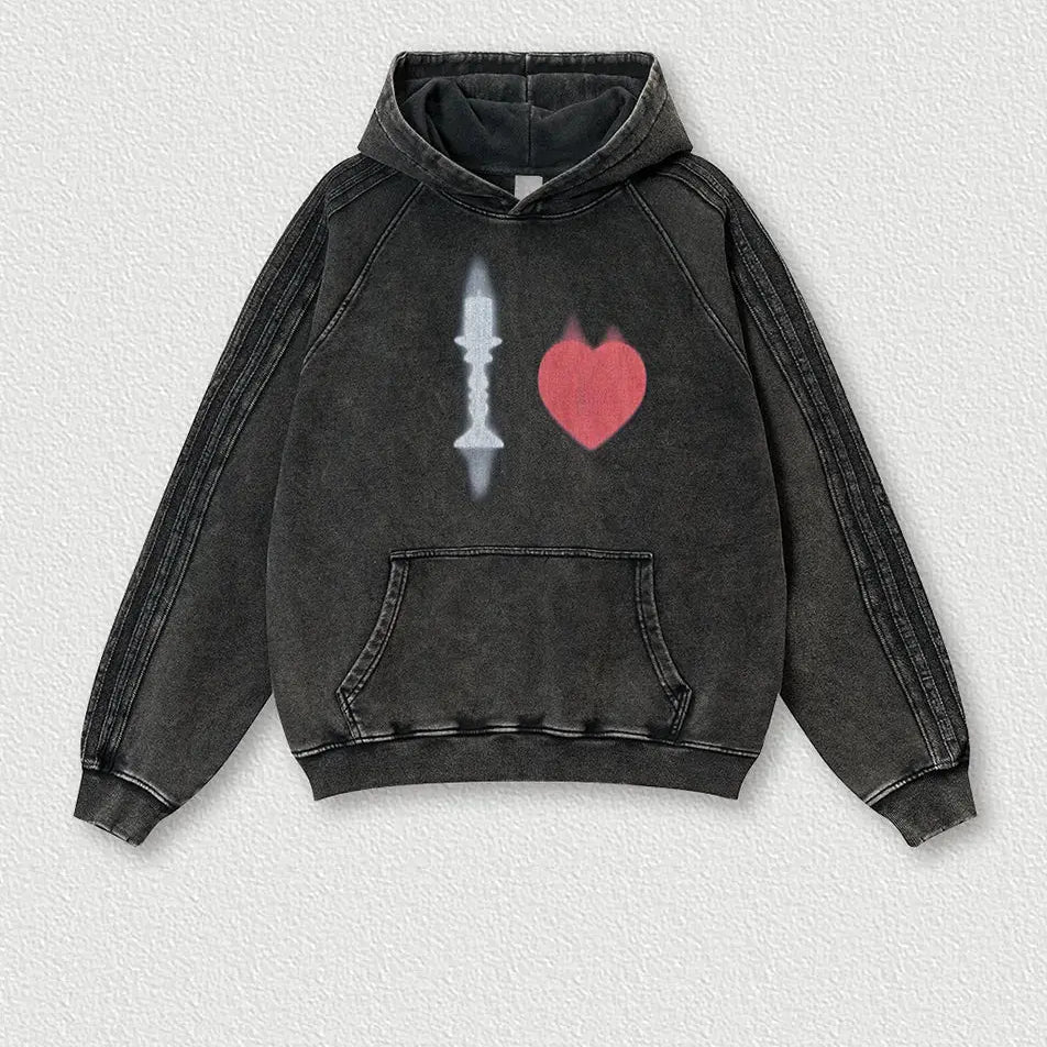 Vintage Heart Print Fleece Hoodie