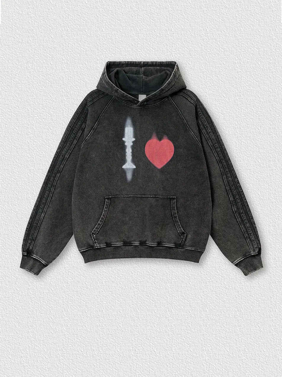 Vintage Heart Print Fleece Hoodie