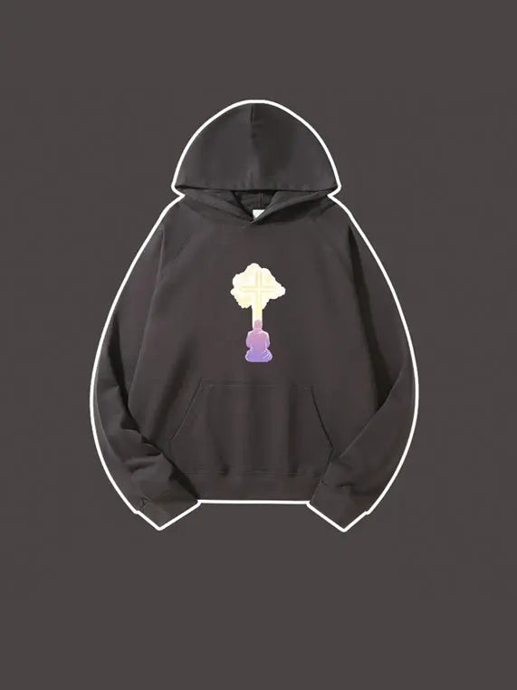 Crucifix Printed Hooded Sweatshirt