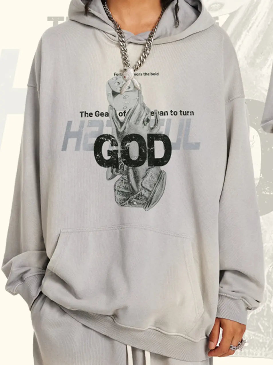 370g Cotton Vintage Wash Old God Printed Hoodie