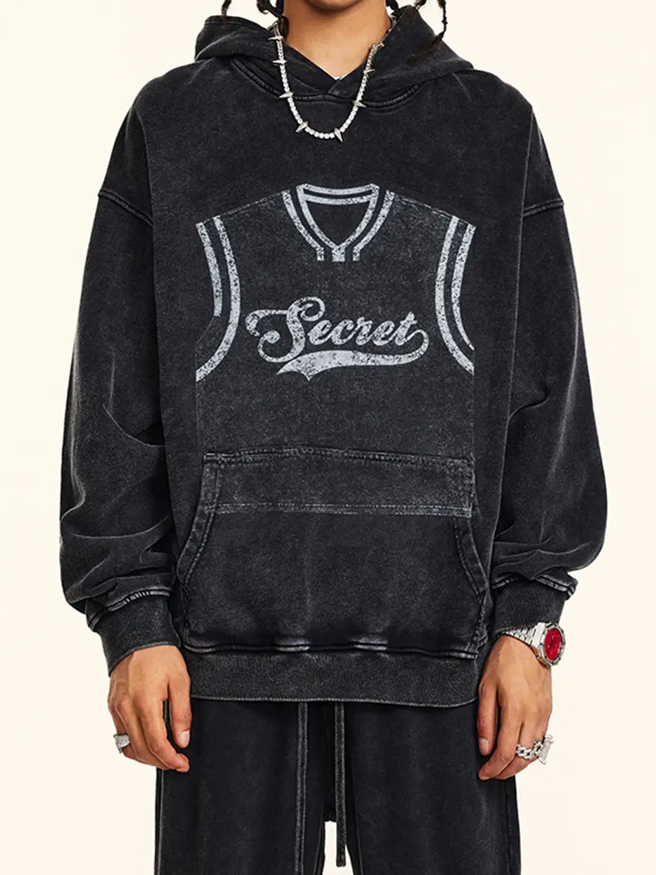 380g Vintage Wash Old Cotton NBA Jersey Printed Hoodie