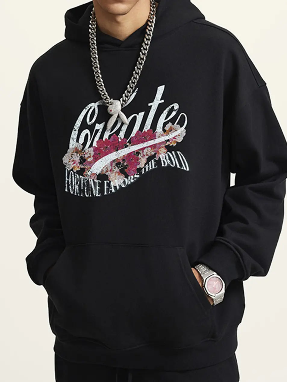 445g Vintage Wash Old Cotton Create Flower Printed Hoodie