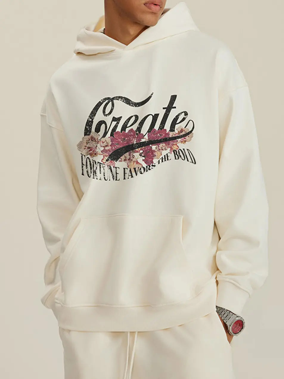 445g Vintage Wash Old Cotton Create Flower Printed Hoodie