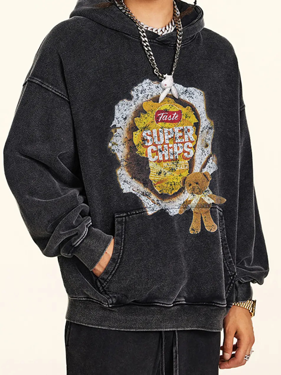 420g Super Chips Vintage Wash Old Printed Hoodie