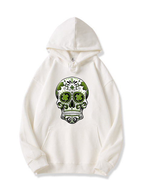 320g Four-leaf Clover Skull Printed Cotton Hoodie for St. Patrick's Day Emma Bridess