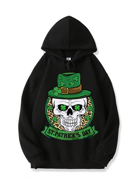 320g Four Leaf Clover Skull Printed Cotton Hoodie for St. Patrick's Day Emma Bridess