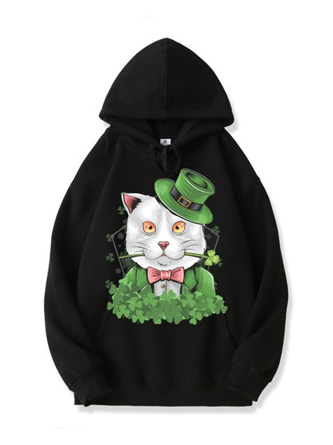 320g Gentle Cat Printed Cotton Hoodie for St. Patrick's Day Emma Bridess