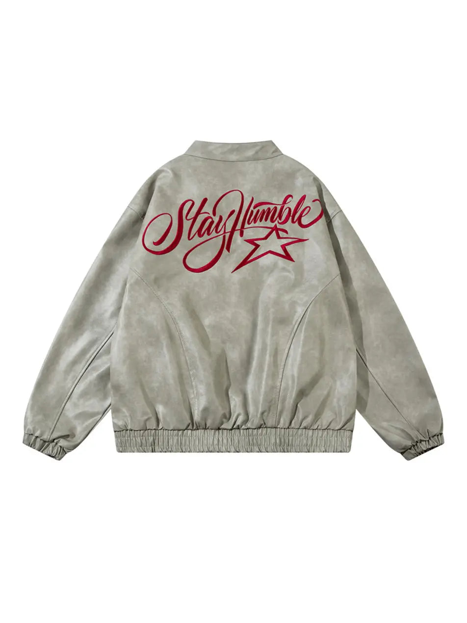 Vintage Letter Printed Zipper Faux Leather Jacket for Men Emma Bridess