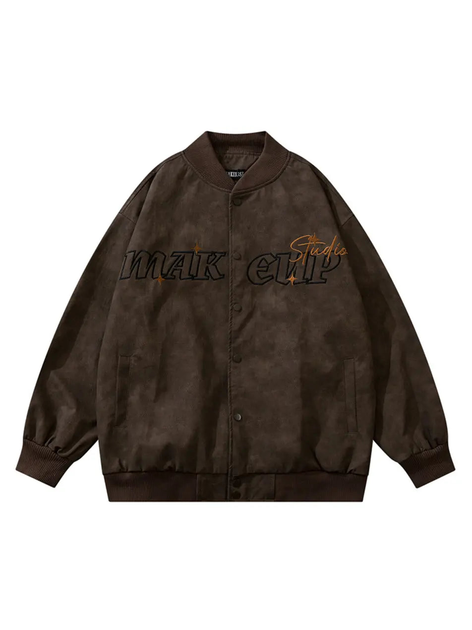 Embroidered Retro Distressed PU Bomber Jacket for Men Emma Bridess