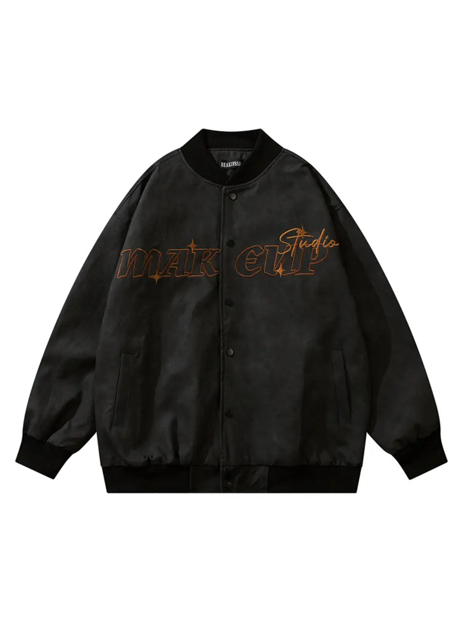Embroidered Retro Distressed PU Bomber Jacket for Men Emma Bridess