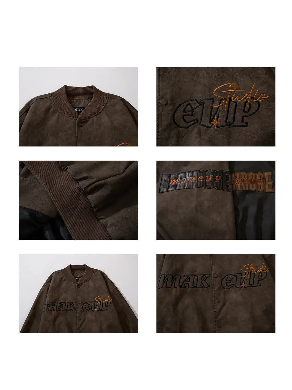 Embroidered Retro Distressed PU Bomber Jacket for Men Emma Bridess