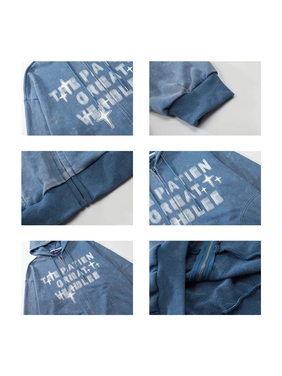 Vintage Star Print Front Zipper Hooded Sweatshirt Sports Men Casual Streetwear Emma Bridess