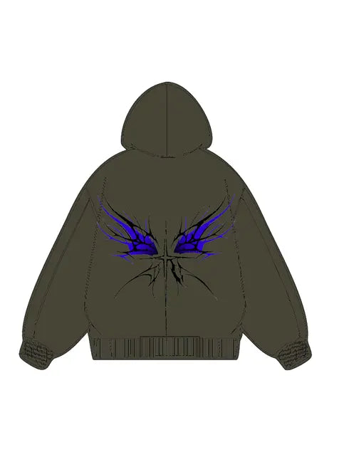 360g Back Blue Butterfly Printed Wash Old Cotton Hoodie Emma Bridess