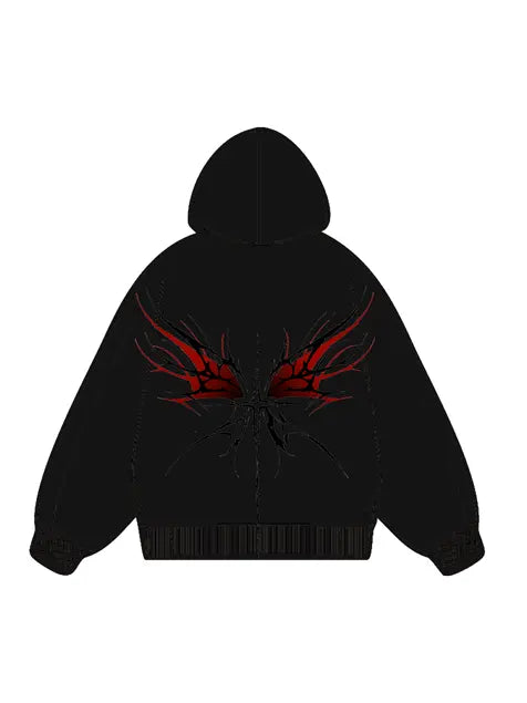 360g Back Red Butterfly Printed Wash Old Cotton Hoodie Emma Bridess