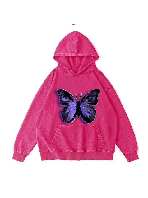 360g Butterflies Back Letter Printed Wash Old Cotton Hoodie Emma Bridess