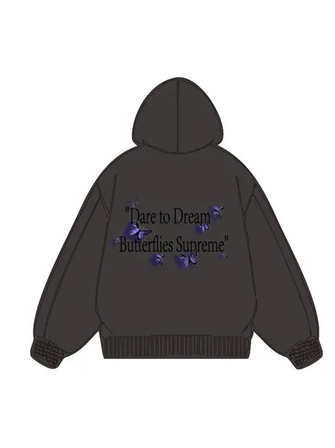 360g Butterflies Back Letter Printed Wash Old Cotton Hoodie Emma Bridess