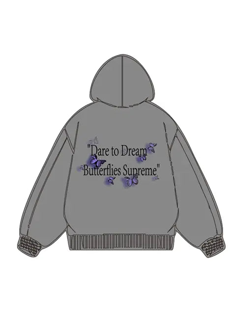 360g Butterflies Back Letter Printed Wash Old Cotton Hoodie Emma Bridess