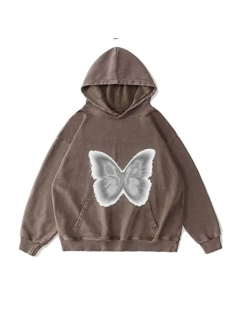 360g Silver Future Butterflies Printed Wash Old Cotton Hoodie Emma Bridess