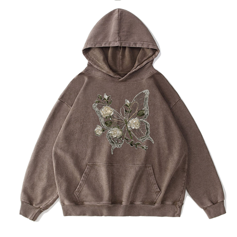 360g Hollow Butterfly Printed Wash Old Cotton Hoodie Emma Bridess