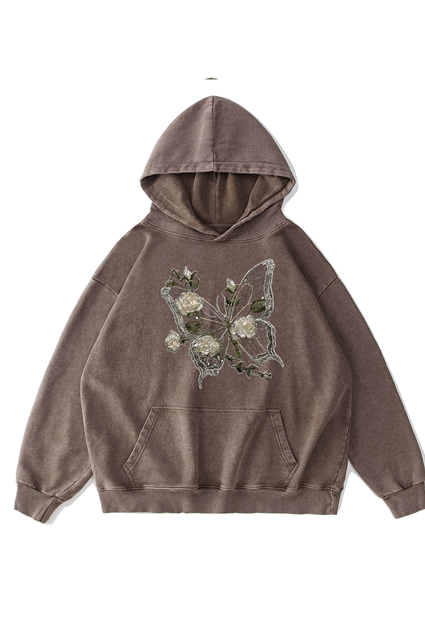 360g Hollow Butterfly Printed Wash Old Cotton Hoodie Emma Bridess