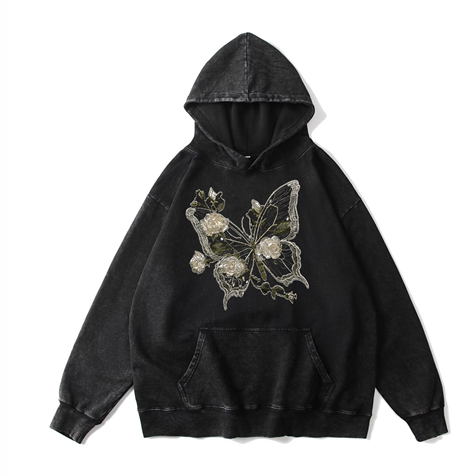 360g Hollow Butterfly Printed Wash Old Cotton Hoodie Emma Bridess