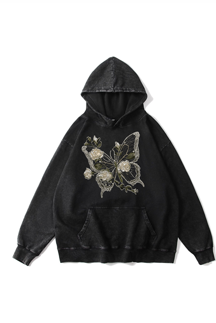 360g Hollow Butterfly Printed Wash Old Cotton Hoodie Emma Bridess