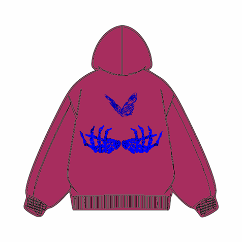 360g Pink Skull Butterfly Back Printed Wash Old Cotton Hoodie Emma Bridess