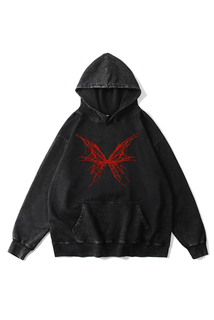 360g Hollow Blood Butterfly Printed Wash Old Cotton Hoodie Emma Bridess