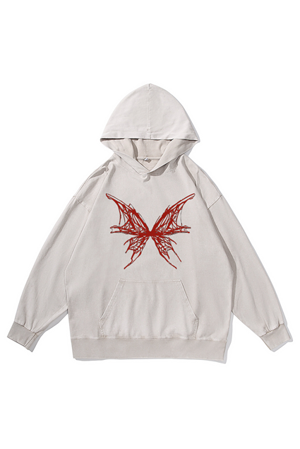 360g Hollow Blood Butterfly Printed Wash Old Cotton Hoodie Emma Bridess
