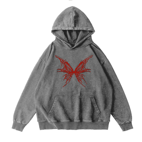 360g Hollow Blood Butterfly Printed Wash Old Cotton Hoodie Emma Bridess