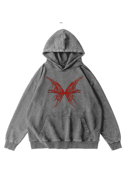 360g Hollow Blood Butterfly Printed Wash Old Cotton Hoodie Emma Bridess