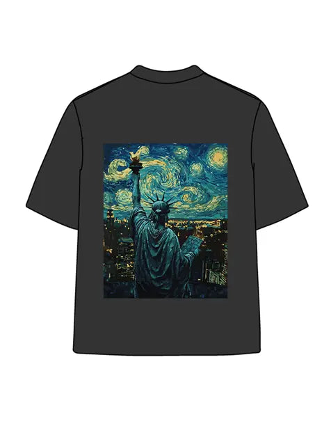 270g Cotton Statue of Liberty Starry Night Wash Old T-shirt Emma Bridess