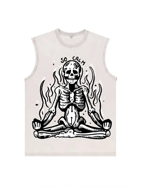 230g Skull Meditation Calm Down Printed Wash Old Sleeveless T-shirt Emma Bridess