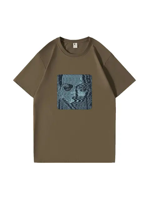 270g Pixel Electric Wave Man Printed Wash Old Cotton T-shirt Emma Bridess