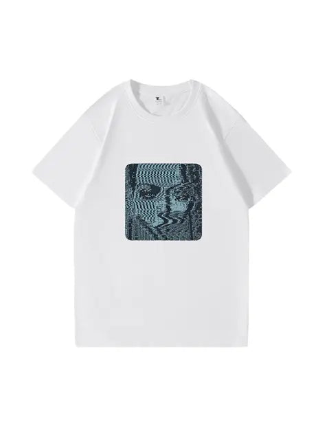 270g Pixel Electric Wave Man Printed Wash Old Cotton T-shirt Emma Bridess