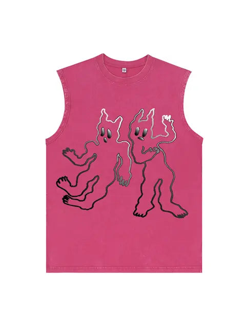230g Abstract Line Cartoon Printed Wash Old Sleeveless T-shirt Emma Bridess