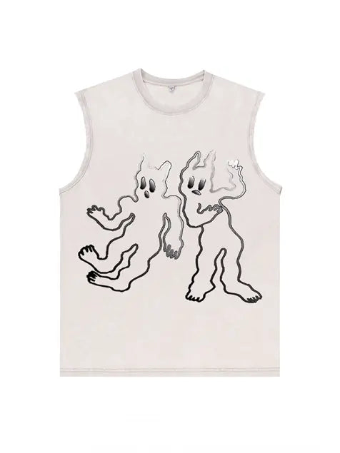 230g Abstract Line Cartoon Printed Wash Old Sleeveless T-shirt Emma Bridess