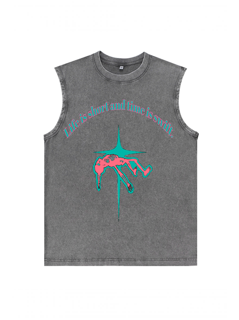 230g Life is Short Printed Wash Old Cotton Sleeveless T-shirt Emma Bridess