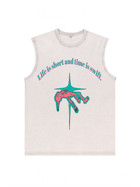 230g Life is Short Printed Wash Old Cotton Sleeveless T-shirt Emma Bridess