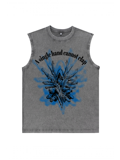 230g The Holy Spirit's Hand Blue Printed Wash Old Cotton Sleeveless T-shirt Emma Bridess