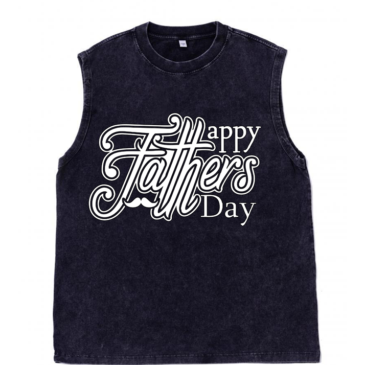230g White Letter Printed Wash Old Cotton Sleeveless T-shirt for Dad