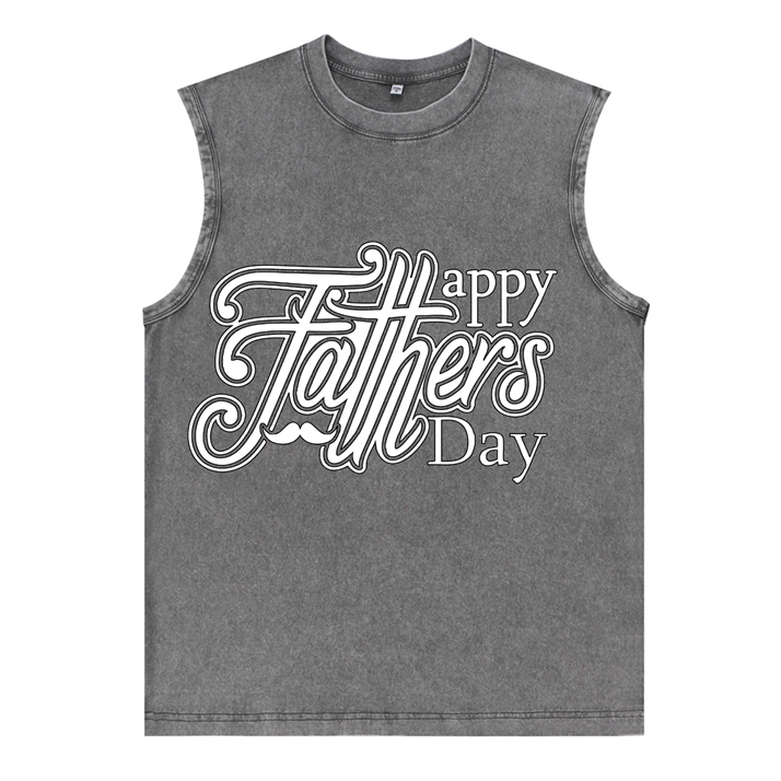 230g White Letter Printed Wash Old Cotton Sleeveless T-shirt for Dad