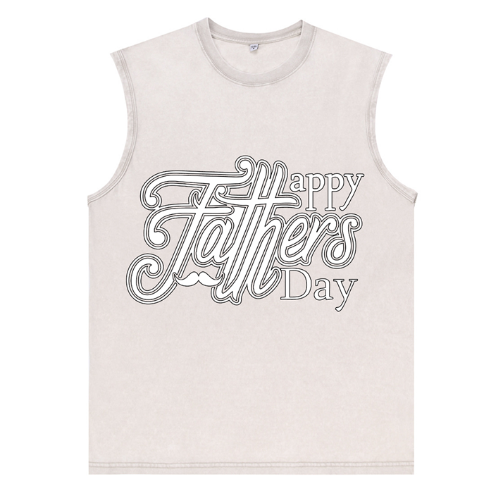 230g White Letter Printed Wash Old Cotton Sleeveless T-shirt for Dad