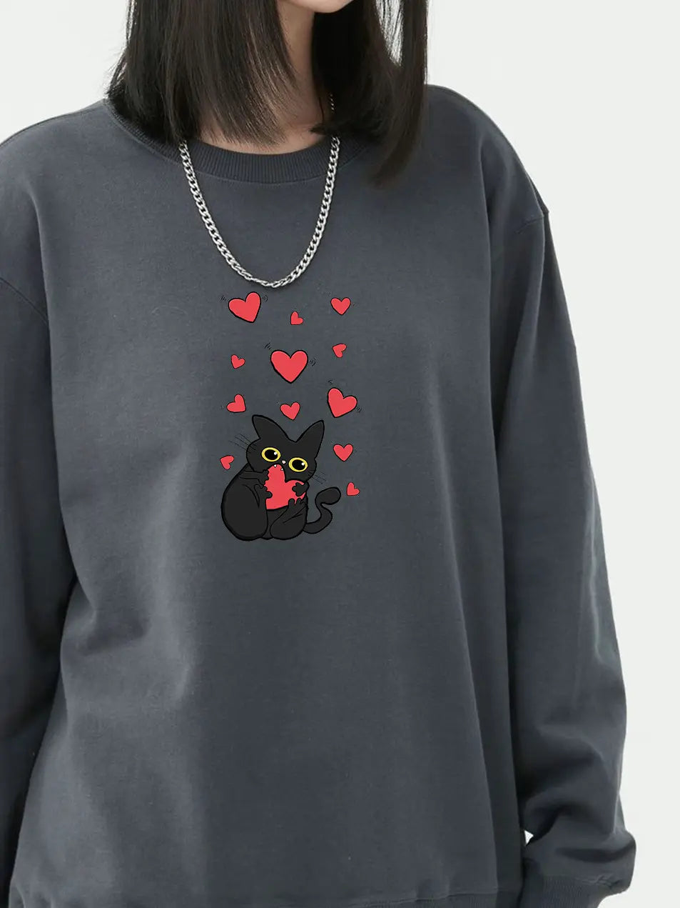 Valentine's Day Black Kitty Love Printed Cotton Sweatshirt Emma Bridess