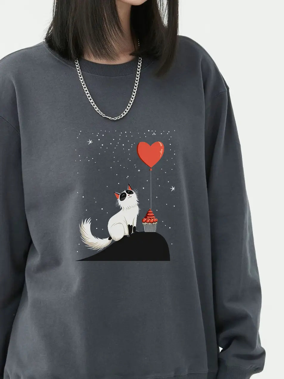 Cartoon Cat Heart Balloon Printed Cotton 300g Sweatshirt Emma Bridess