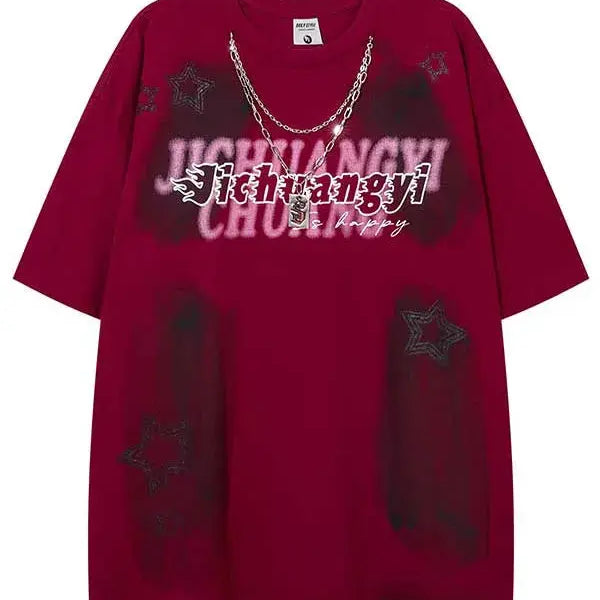Y2K Letter Star Tee With Necklace