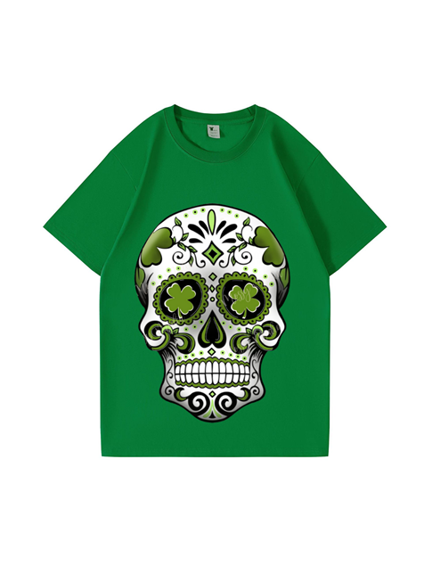 240g Four-leaf Clover Skull Printed Cotton T-shirt for St. Patrick's Day Emma Bridess