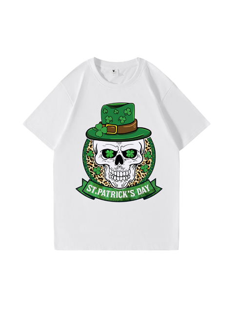 240g Four Leaf Clover Skull Printed Cotton T-shirt for St. Patrick's Day Emma Bridess