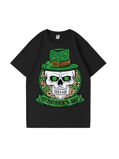 240g Four Leaf Clover Skull Printed Cotton T-shirt for St. Patrick's Day Emma Bridess