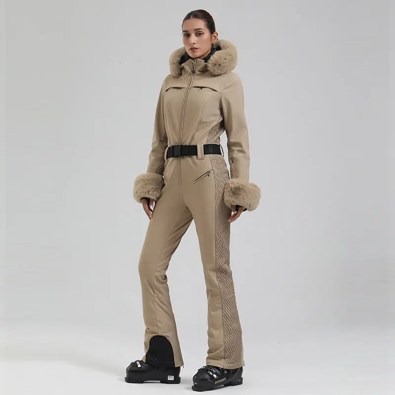 Slim Fit One Piece Ski Jumpsuit with Faux Fur Hood Chic Style